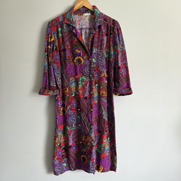 Vintage Dresses & Skirts - Vintage Leslie Belle Floral Artsy Flowy Button Down Collar Shirt Dress XL
